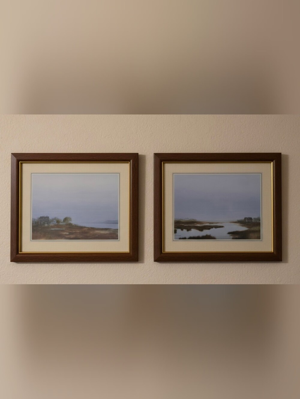 Vintage Brown and Gold Framed Coastal Landscape Print Pair